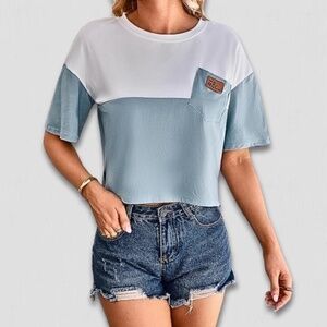 MBC Wear Cropped Shirt Large Chest Pocket Cotton White/Blue